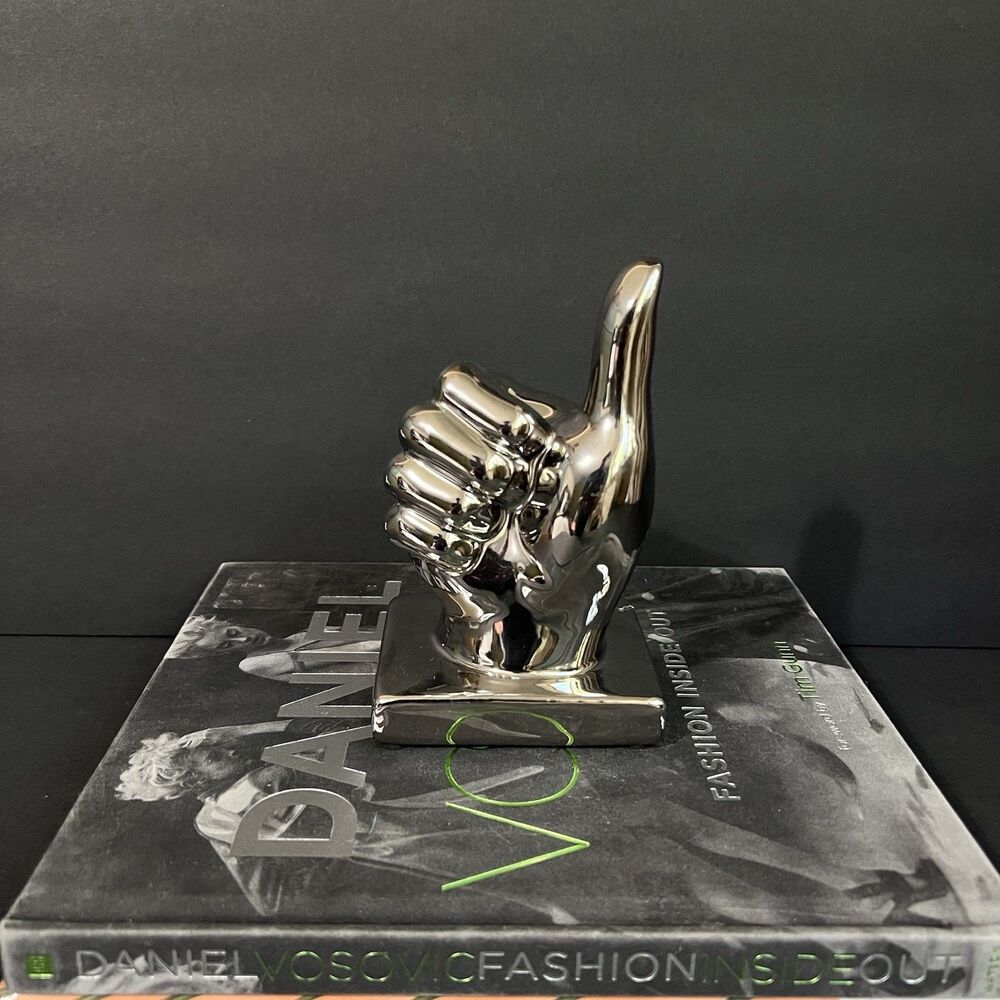 Ceramic Thumbs Up Sign Hand Sculpture Figurine Metallic  Silver Figural Decor